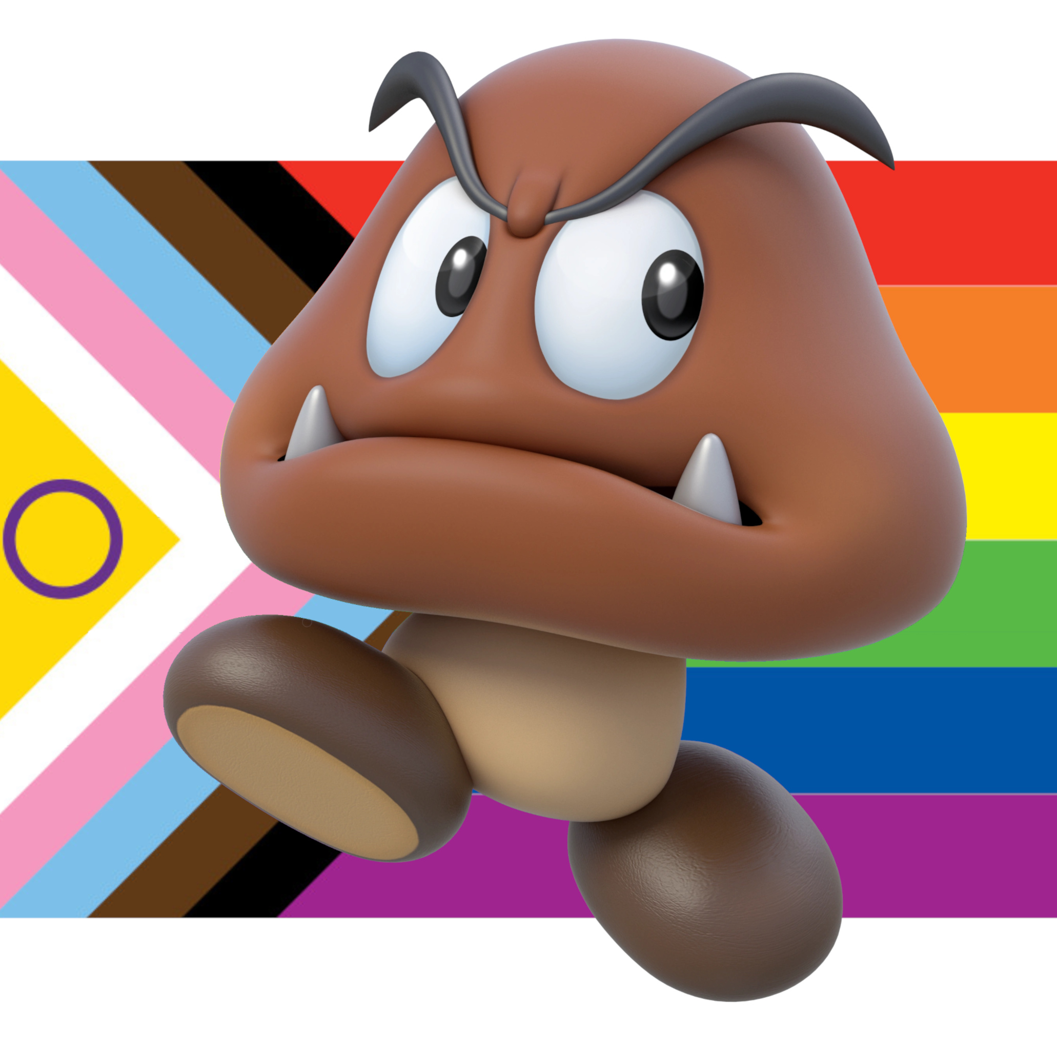 Profile Picture, a Goomba in front of a progressive pride flag